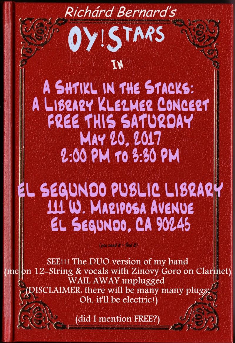 Richárd Bernard's OY!Stars Klezmer concert El Segundo Library May 20 